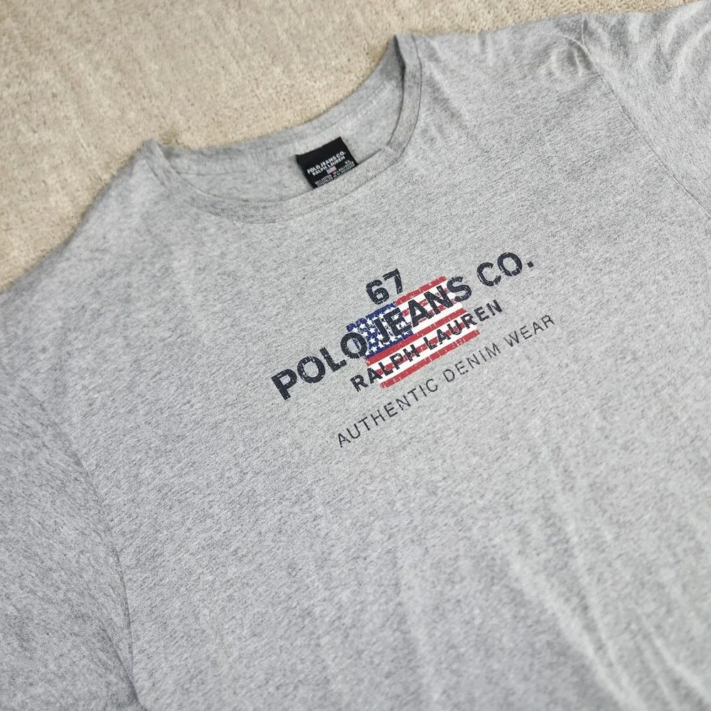 Vintage‎ Ralph Lauren Shirt Men XL Polo Jeans Y2K Spellout Flag Logo Gray Y2K